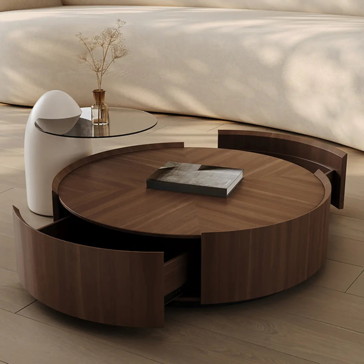 Brown Round Wood Drawers Storage Nesting Coffee Table Image - 1