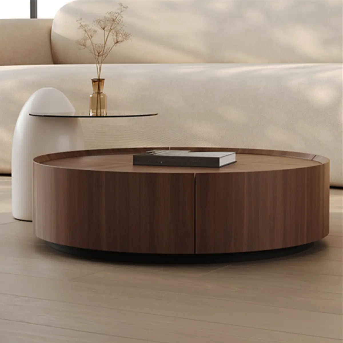 Brown Round Wood Drawers Storage Nesting Coffee Table Image - 4