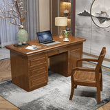 Brown Rubberwood Drawers Butcher Block Writing Desk Image - 3