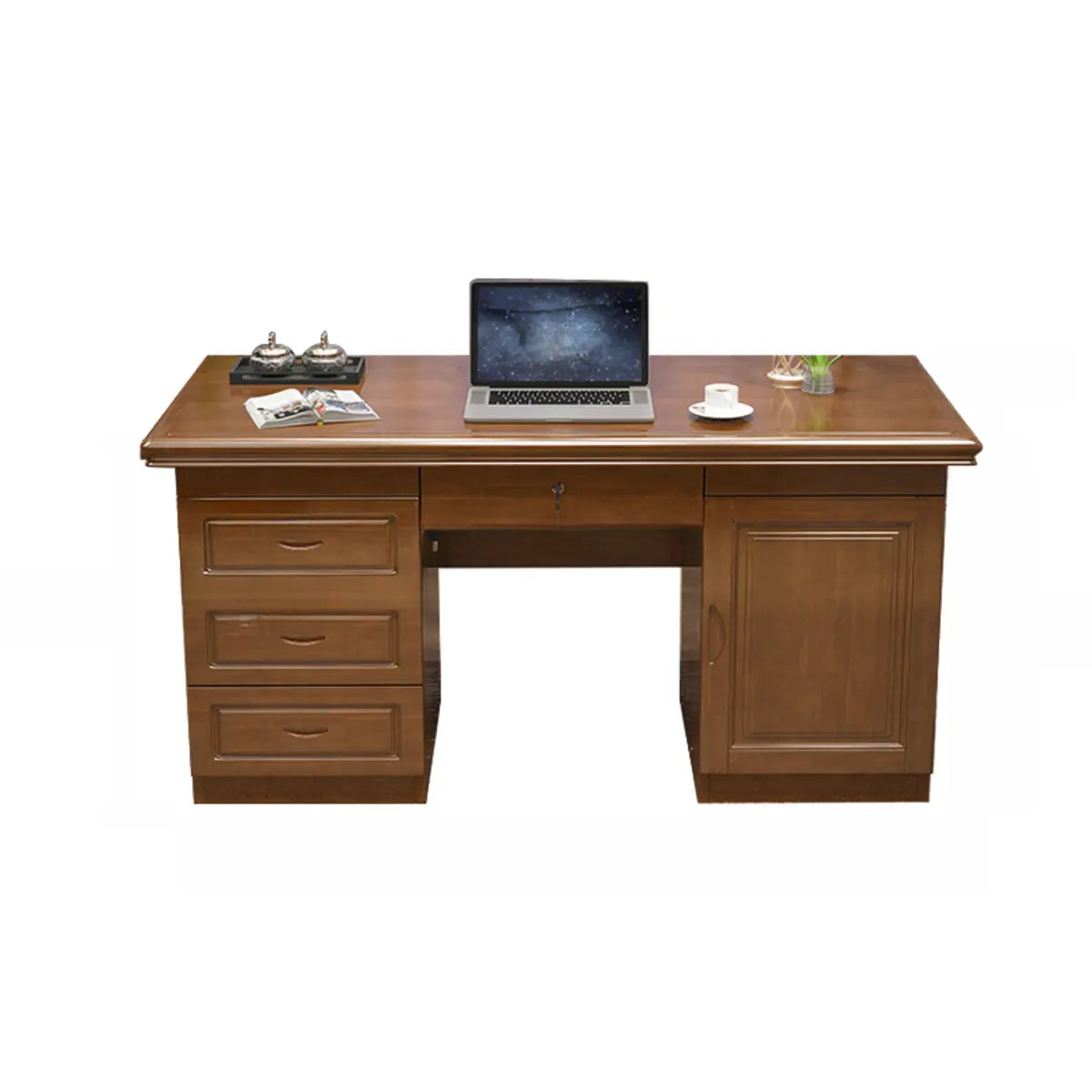 Brown Rubberwood Drawers Butcher Block Writing Desk Image - 8