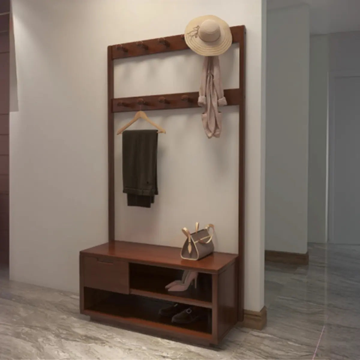 Brown Rubberwood Tall Multifunctional Drawers Coat Rack Image - 1