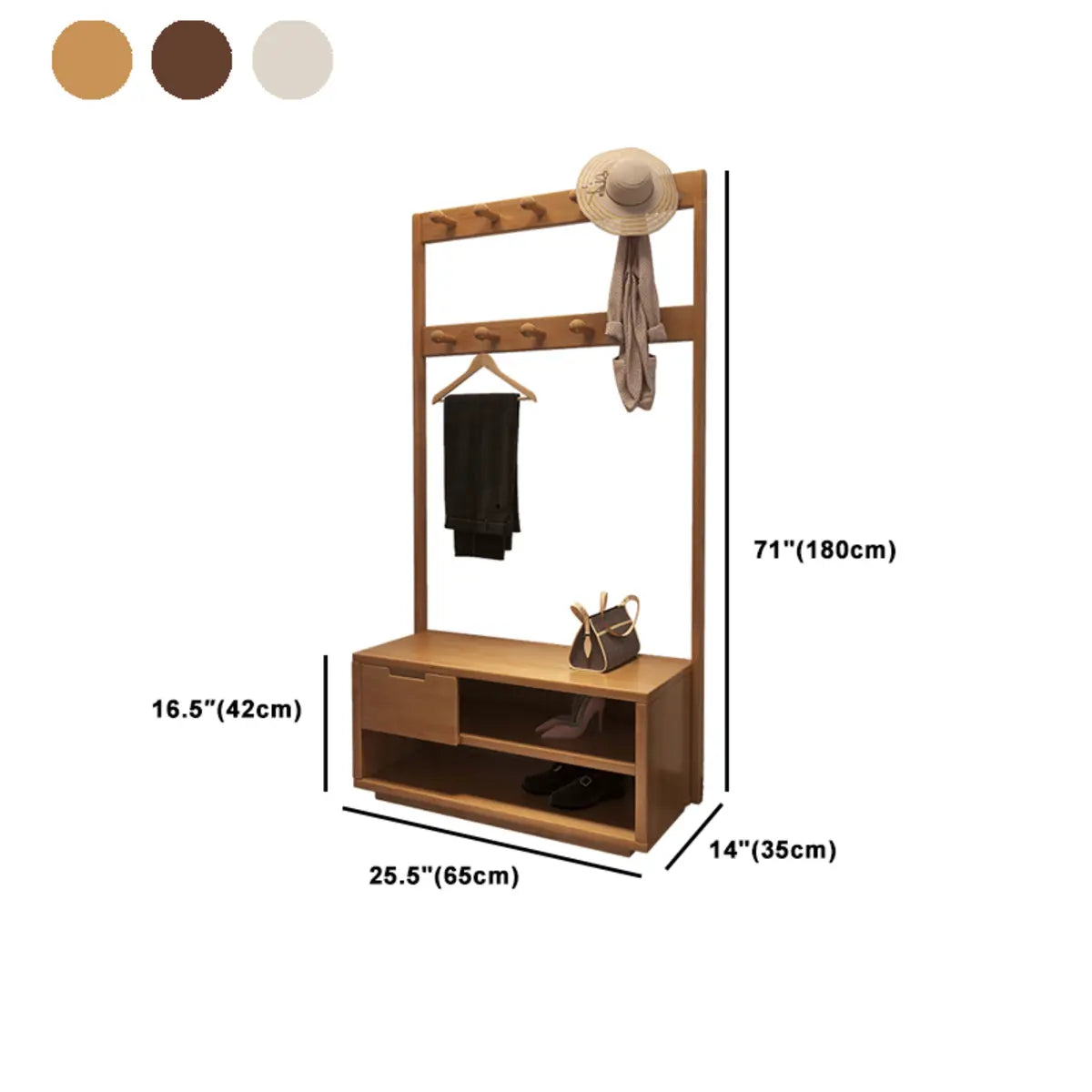 Brown Rubberwood Tall Multifunctional Drawers Coat Rack 