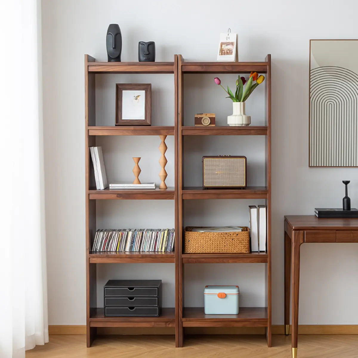 Brown Rustic Walnut Open Shelves Tall Storage Bookcase Image - 4