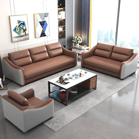 Brown Scratch Resistant Faux Leather Reception Sofa Image - 1