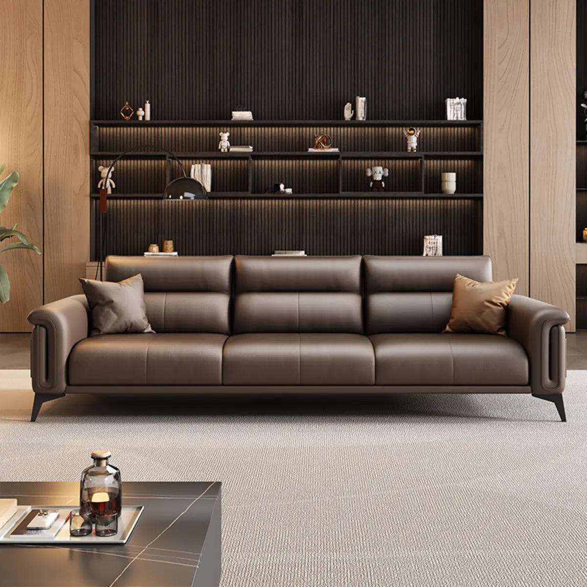 Brown Scratch Resistant Leather 3-Seats Sofa with Arms Image - 1