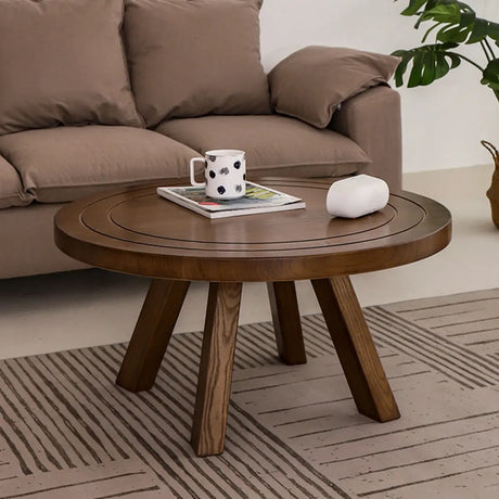 Brown Scratch Resistant Pine Wood Round Coffee Table Image - 1