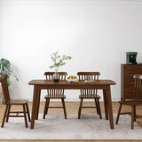 Brown Solid Wood Dining Table with Slat Back Chairs Image - 3