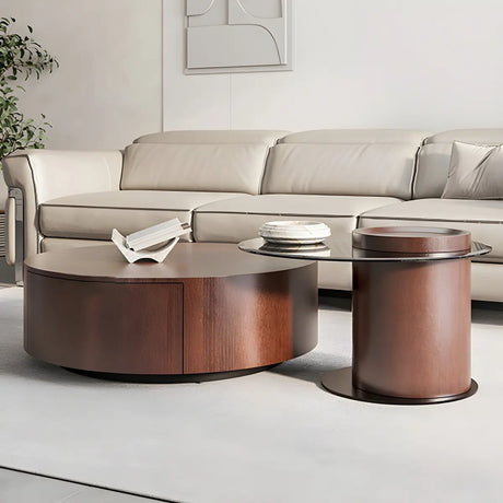 Brown Solid Wood Round Coffee Table with Storage Image - 1