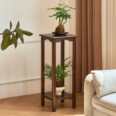 Brown Square Rubberwood Floor Pedestal Plant Stand Image - 1