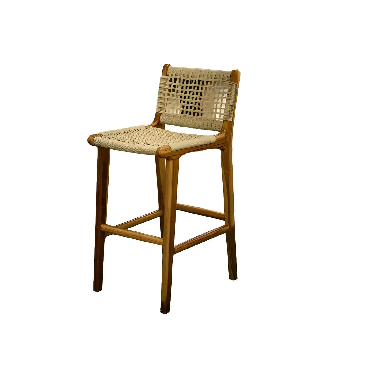 Brown Square Woven Leather Wood Frame Armless Bar Stool Image - 10