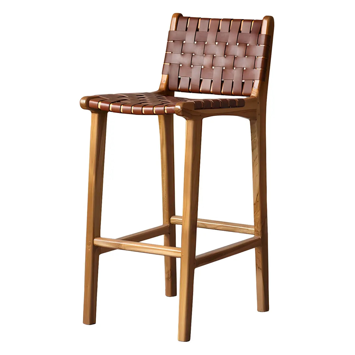 Brown Square Woven Leather Wood Frame Armless Bar Stool Image - 12