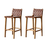 Brown Square Woven Leather Wood Frame Armless Bar Stool Image - 13