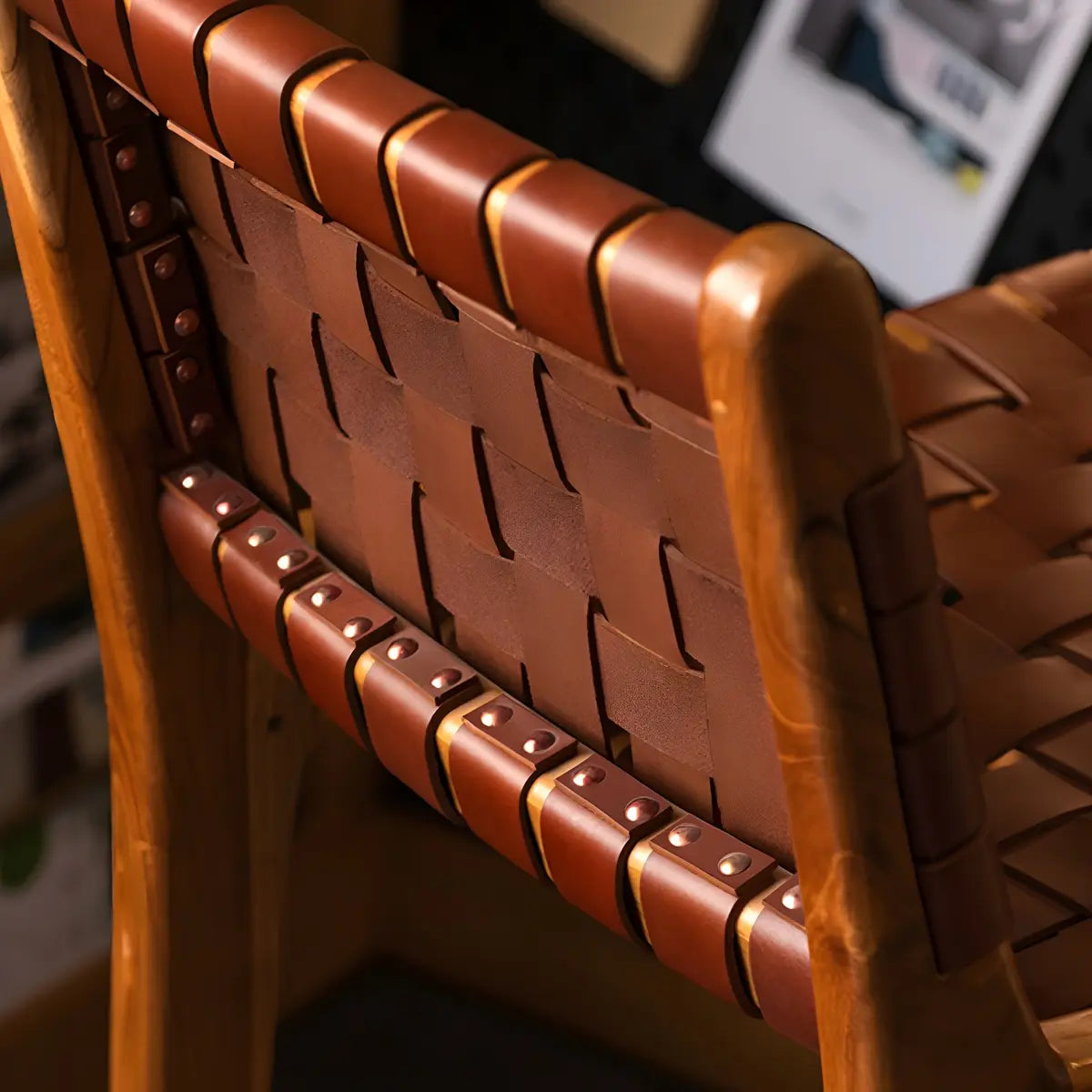 Brown Square Woven Leather Wood Frame Armless Bar Stool Image - 15