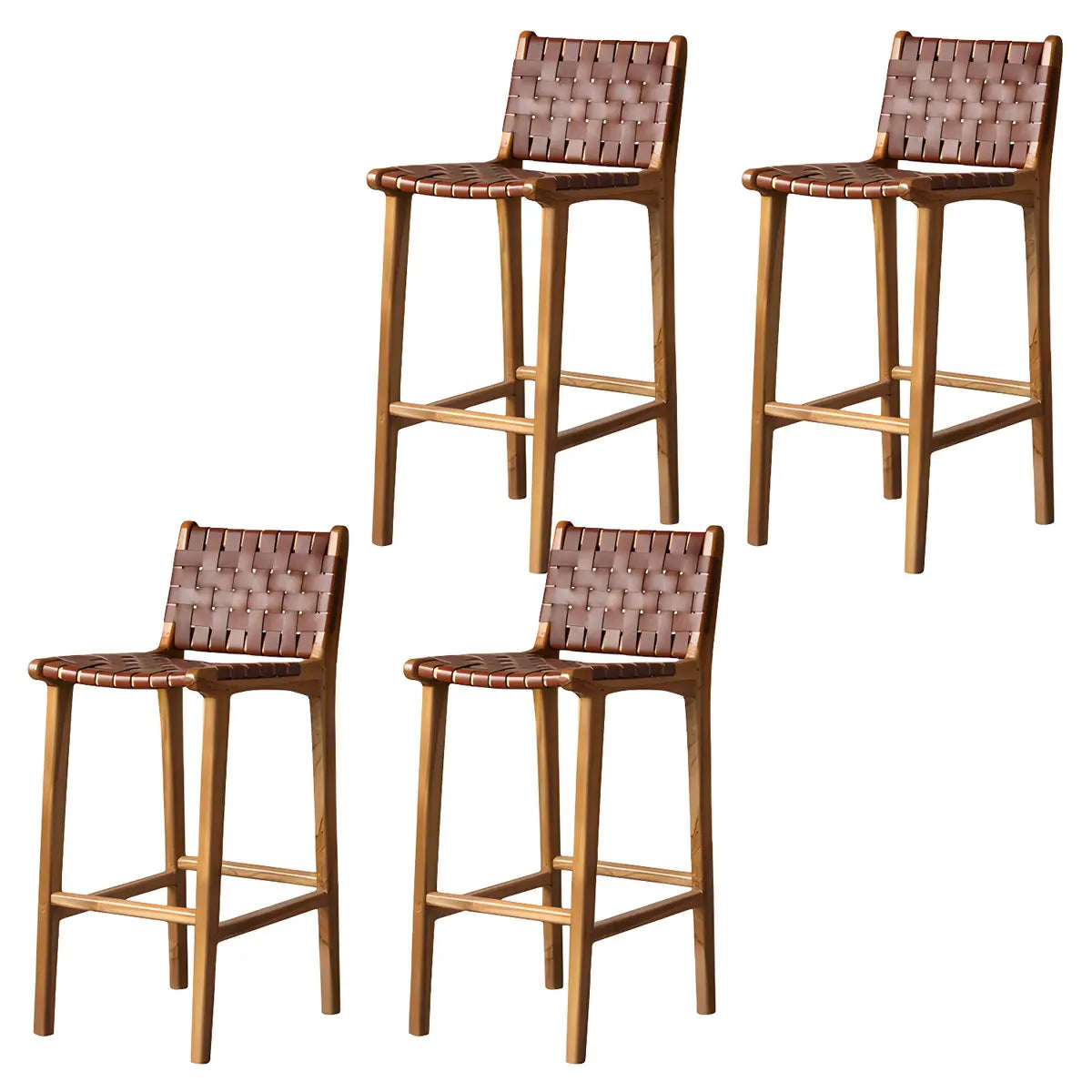 Brown Square Woven Leather Wood Frame Armless Bar Stool Image - 16