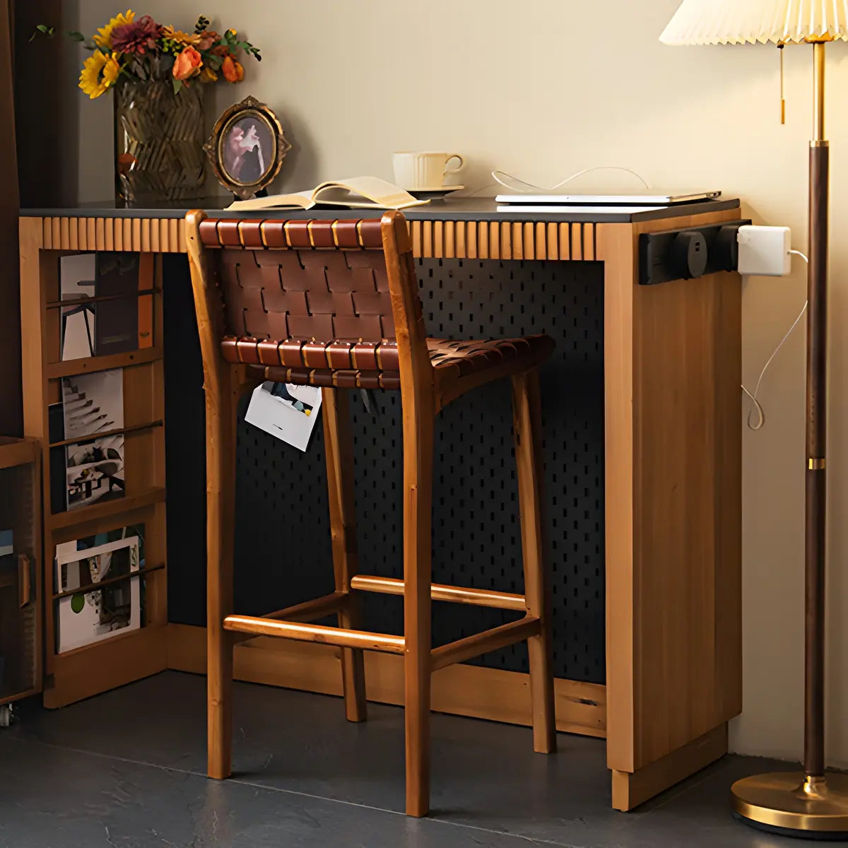 Brown Square Woven Leather Wood Frame Armless Bar Stool Image - 19