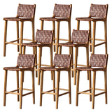 Brown Square Woven Leather Wood Frame Armless Bar Stool Image - 20