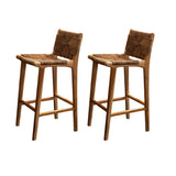 Brown Square Woven Leather Wood Frame Armless Bar Stool Image - 22