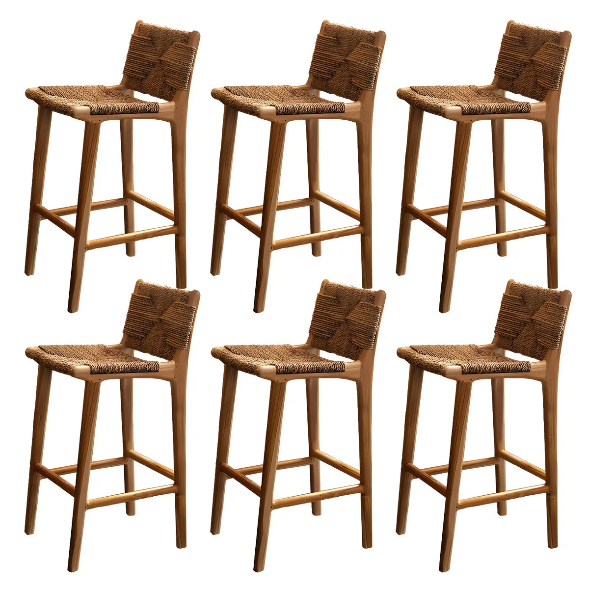 Brown Square Woven Leather Wood Frame Armless Bar Stool Image - 24