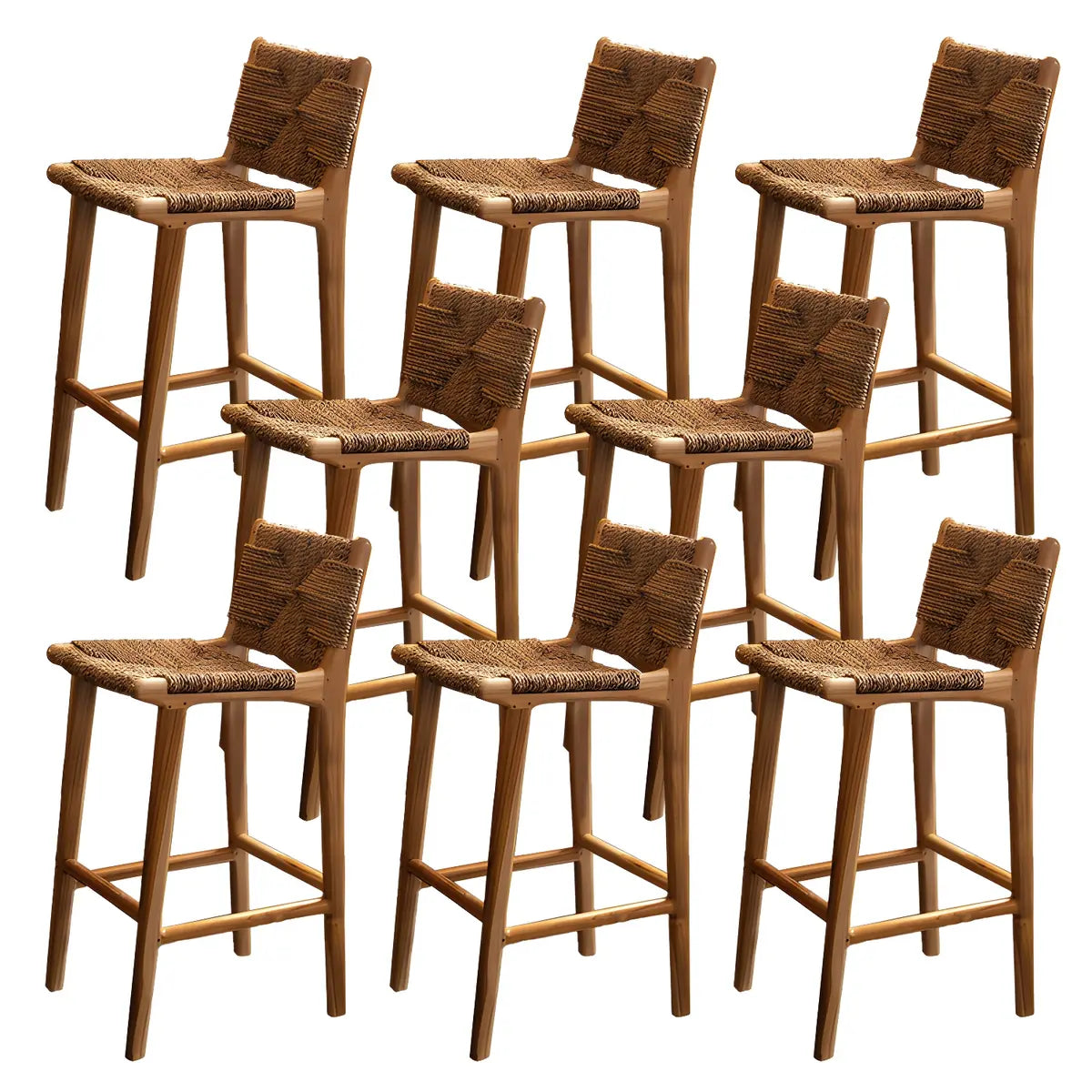 Brown Square Woven Leather Wood Frame Armless Bar Stool Image - 25