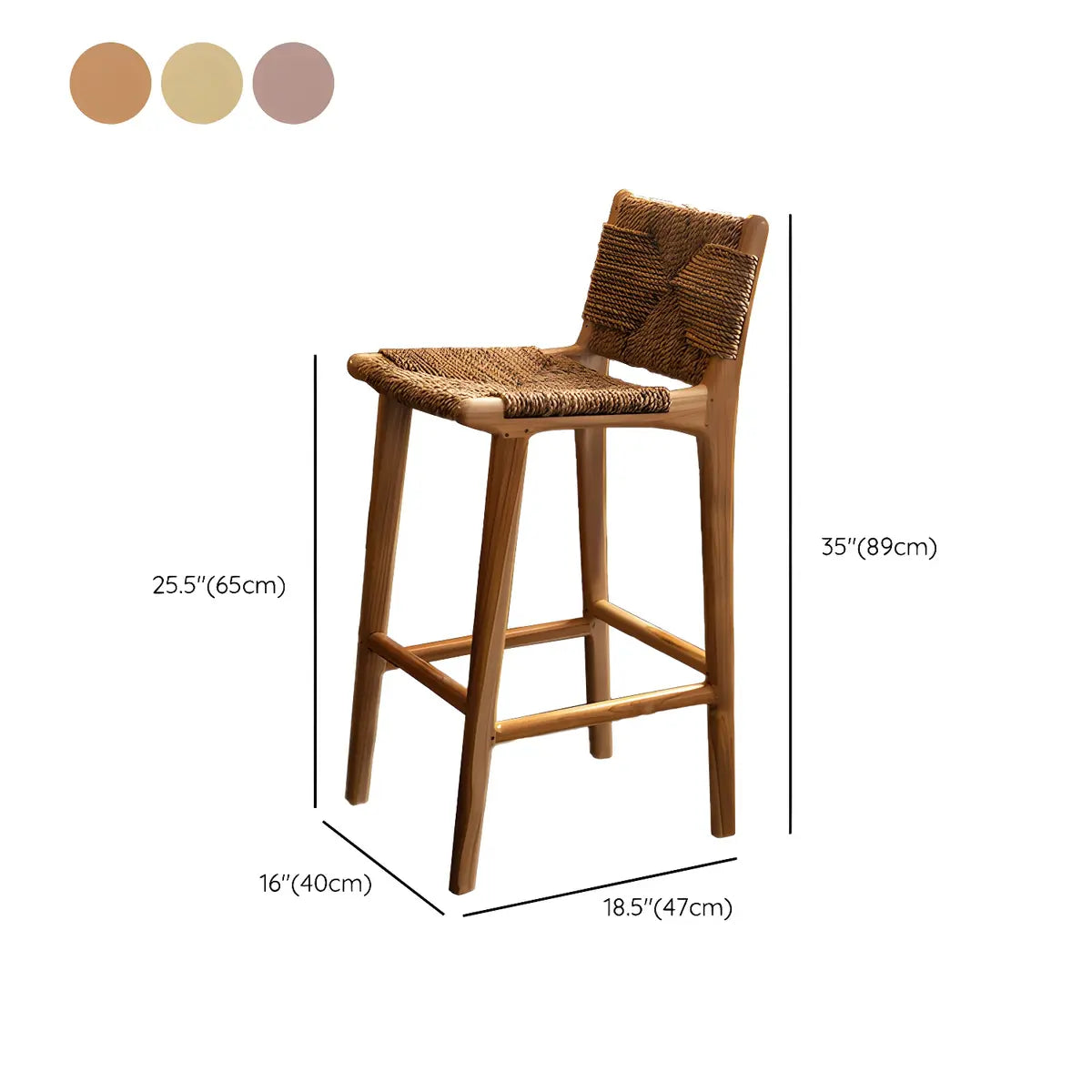 Brown Square Woven Leather Wood Frame Armless Bar Stool 