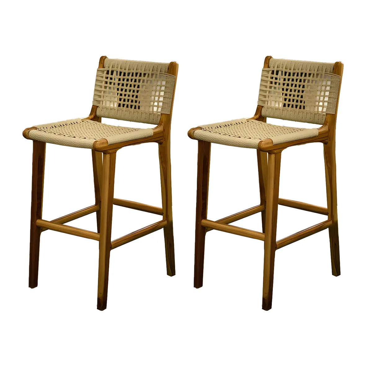 Brown Square Woven Leather Wood Frame Armless Bar Stool Image - 4