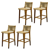 Brown Square Woven Leather Wood Frame Armless Bar Stool Image - 5