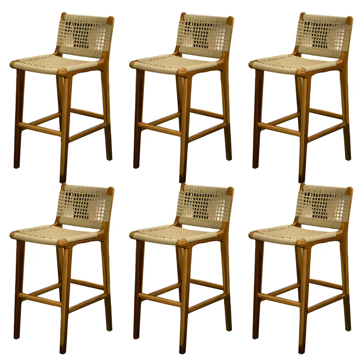 Brown Square Woven Leather Wood Frame Armless Bar Stool Image - 8