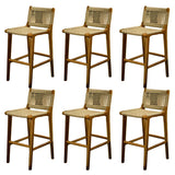 Brown Square Woven Leather Wood Frame Armless Bar Stool Image - 8