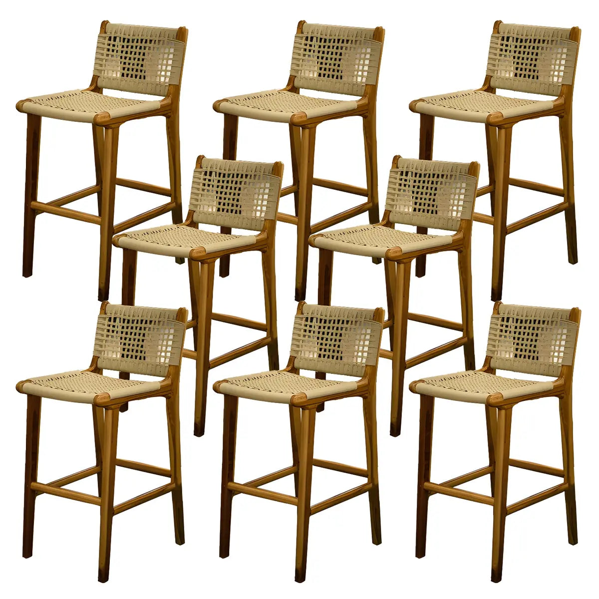 Brown Square Woven Leather Wood Frame Armless Bar Stool Image - 9