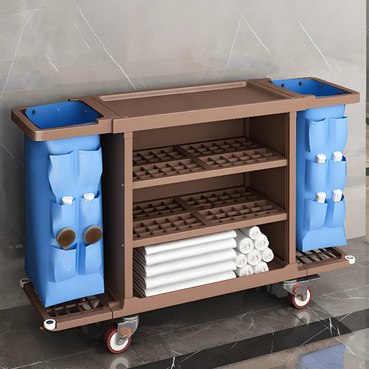 Brown Standard Height Utility Cart with Shelves and Bin Image - 1