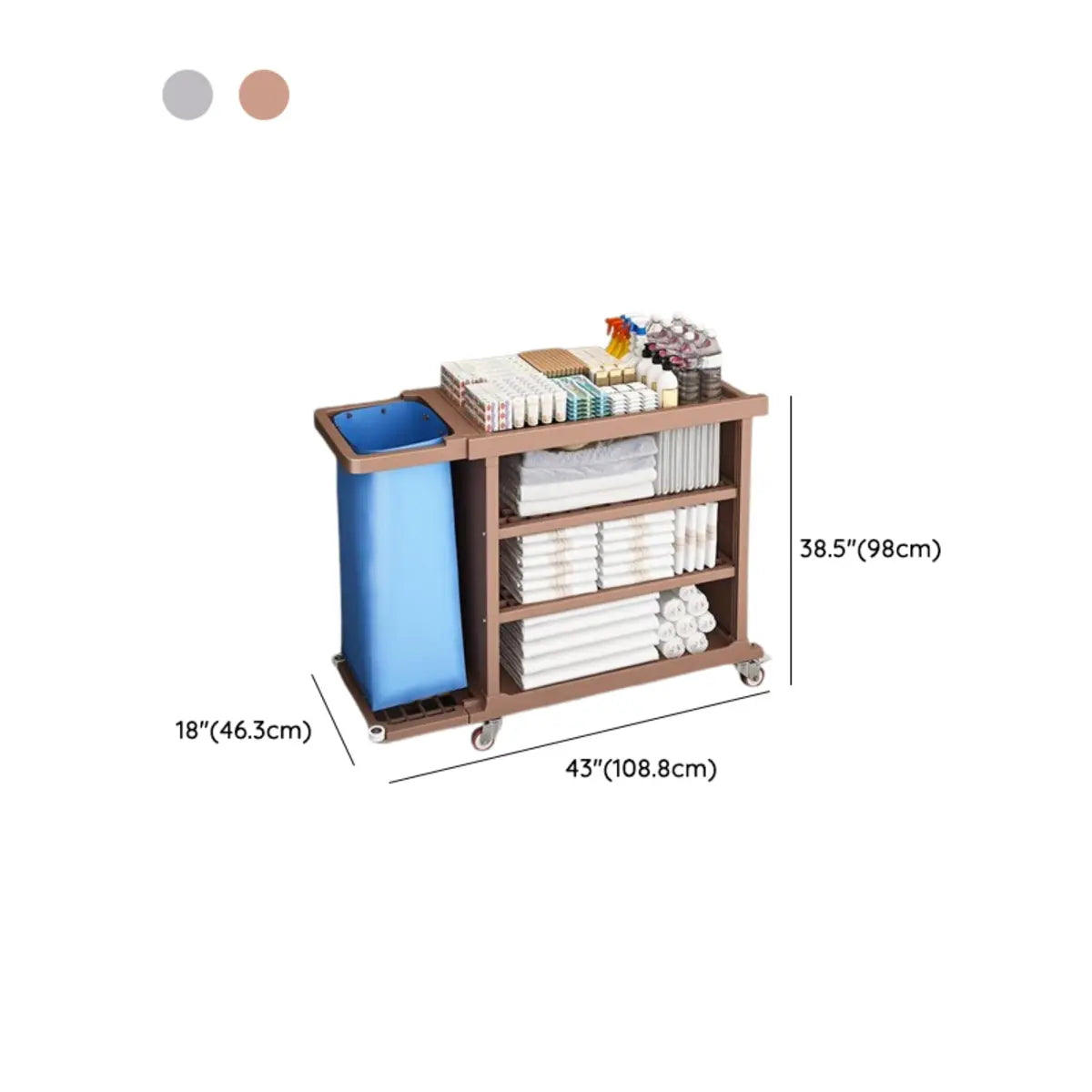 Brown Standard Height Utility Cart with Shelves and Bin 