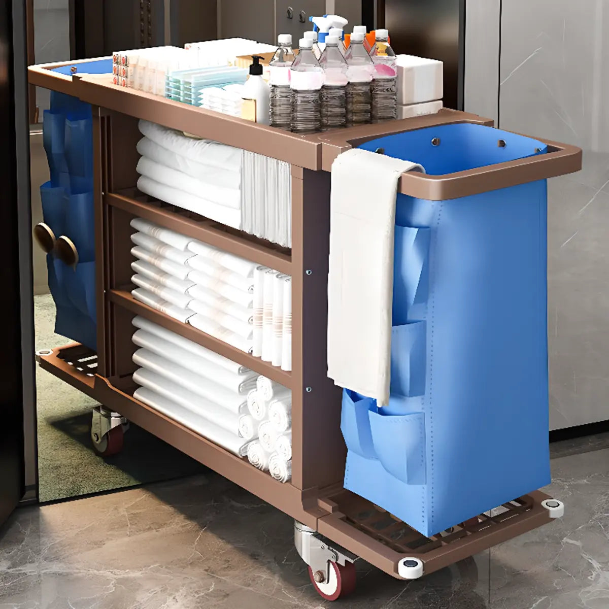 Brown Standard Height Utility Cart with Shelves and Bin Image - 4