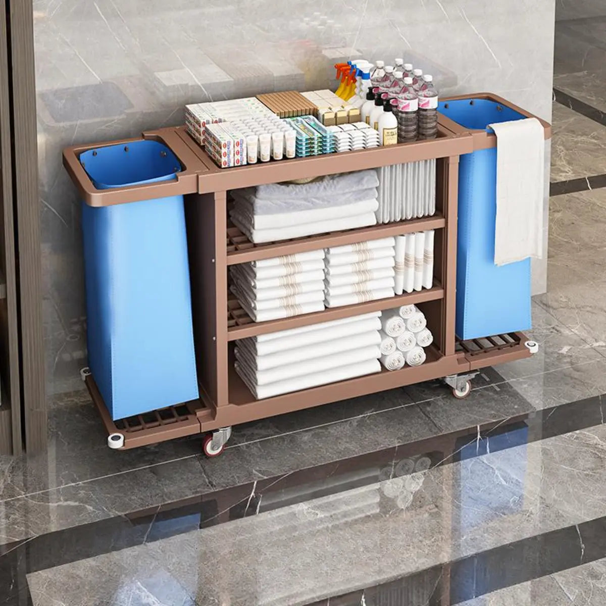 Brown Standard Height Utility Cart with Shelves and Bin Image - 5