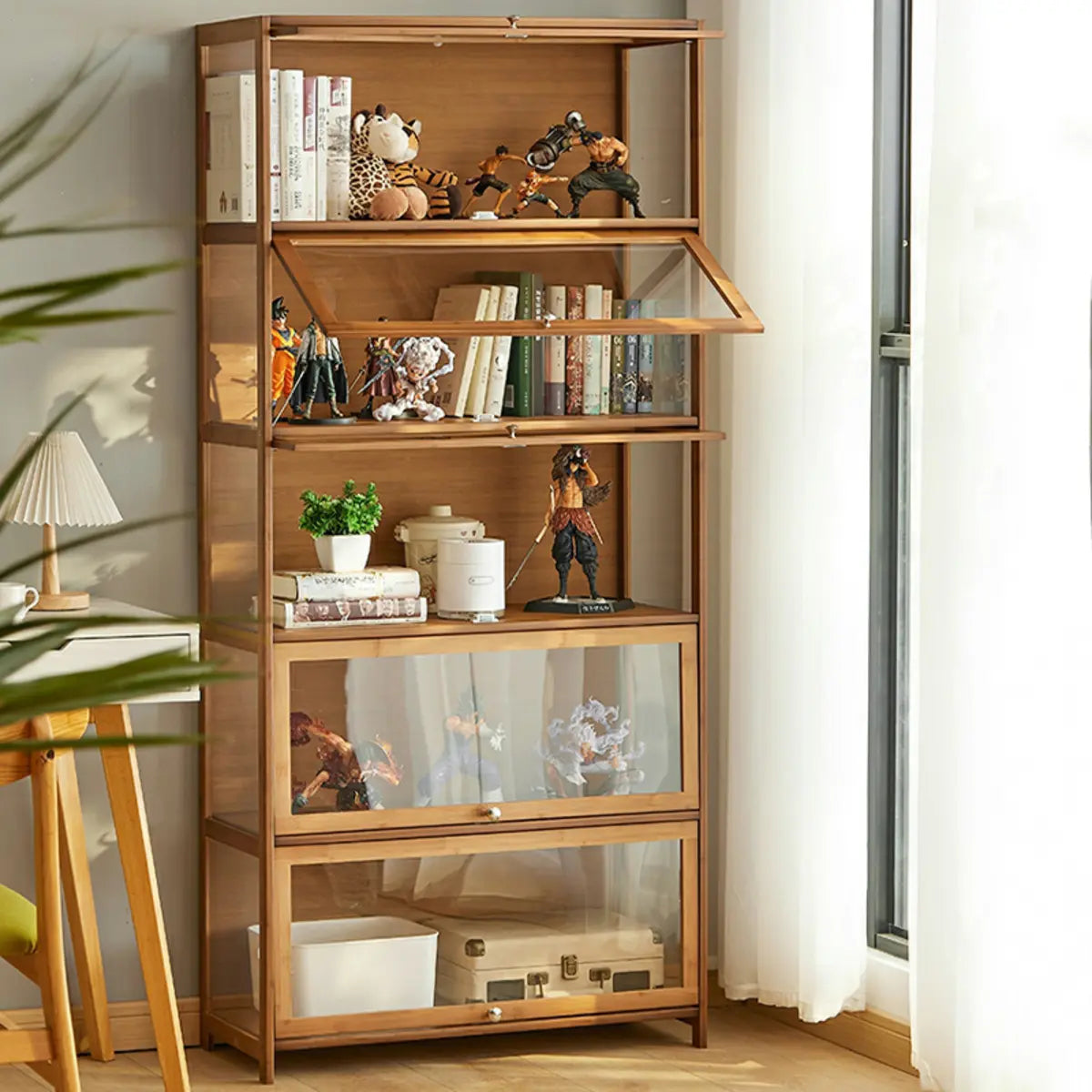 Brown Tall Bamboo Living Room Clear Display Cabinet Image - 4