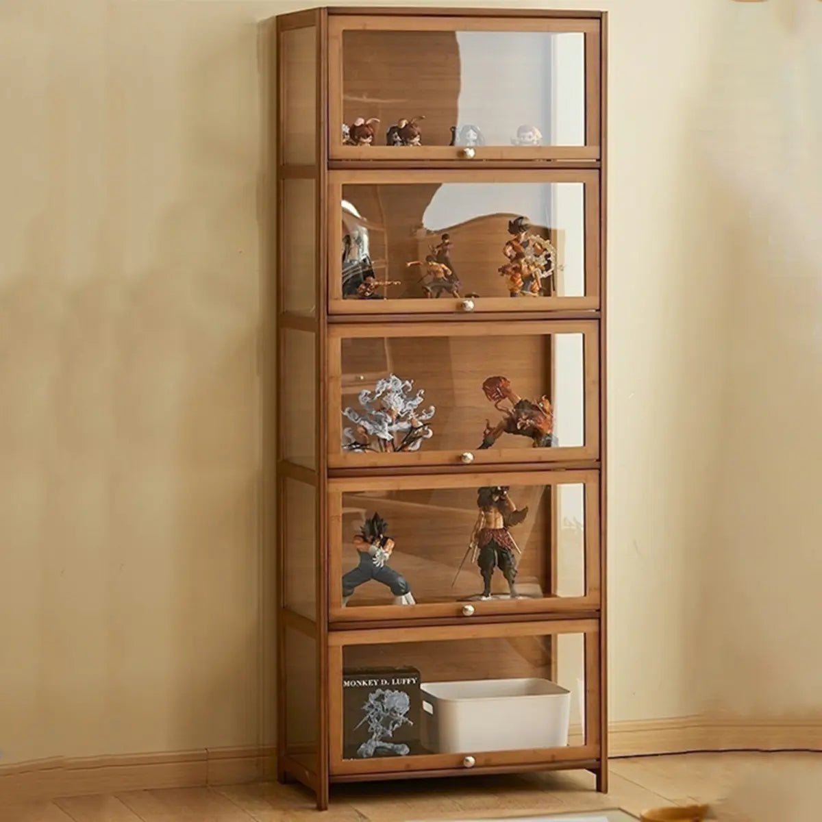 Brown Tall Bamboo Living Room Clear Display Cabinet Image - 5