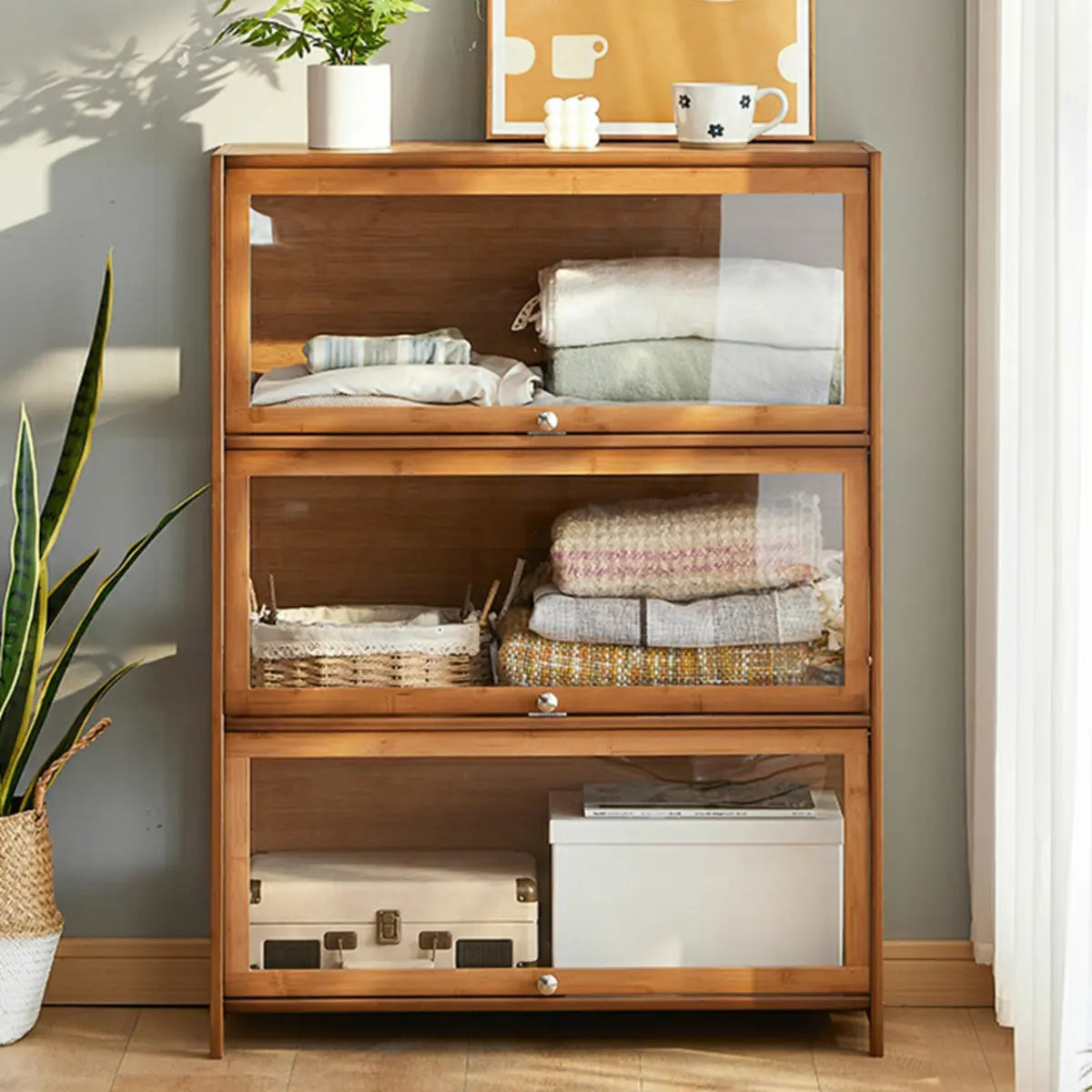 Brown Tall Bamboo Living Room Clear Display Cabinet Image - 7