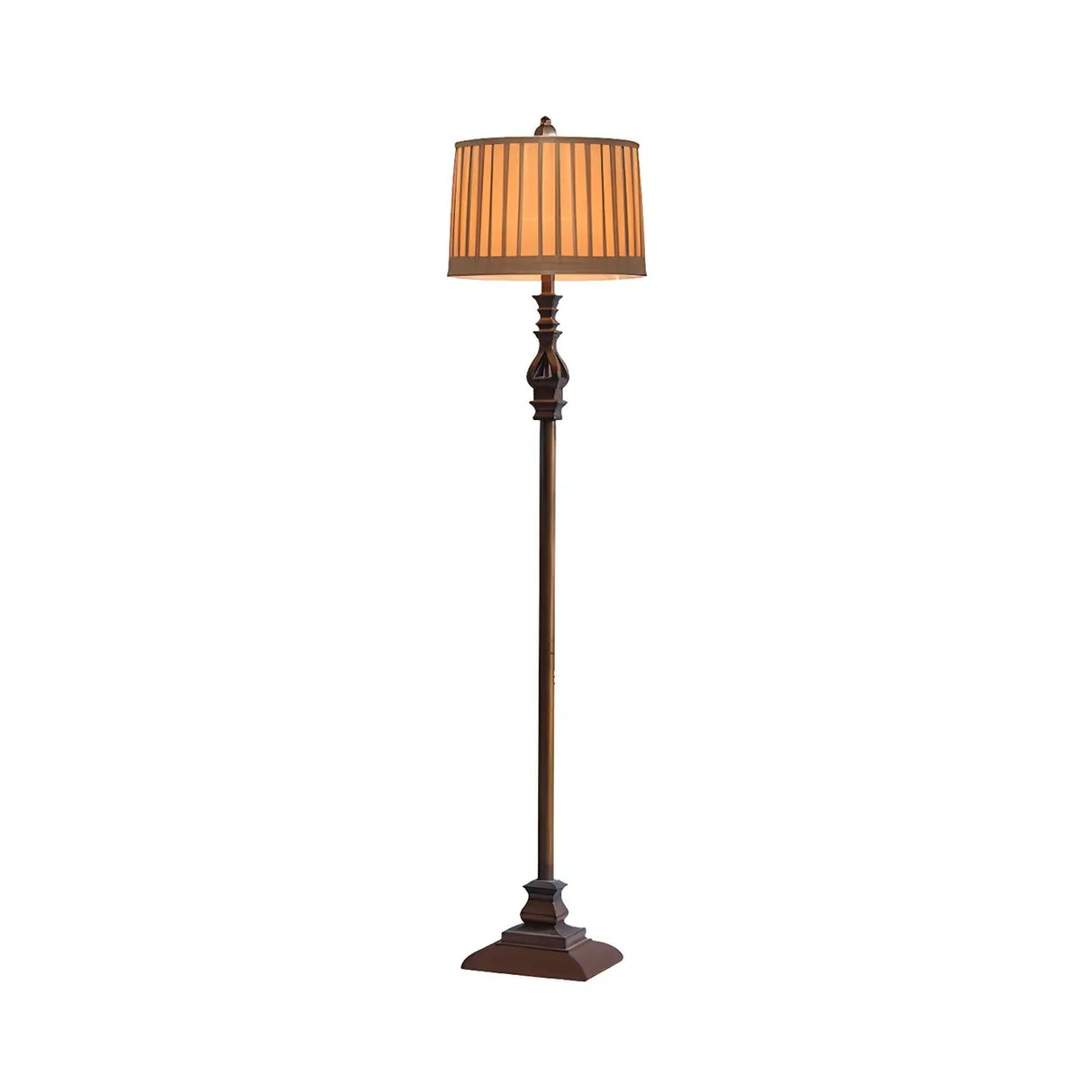 Brown Traditional Drum Fabric Shade Wooden Floor Lamp Image - 3