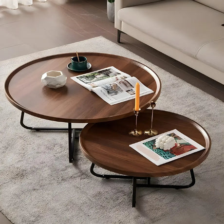 Brown Tray Top Round Coffee Table with Cross Legs Image - 1