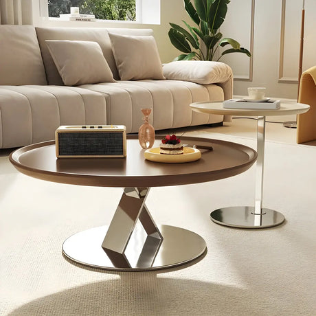 Brown Tray Top Stainless Steel Base Round Coffee Table Image - 1