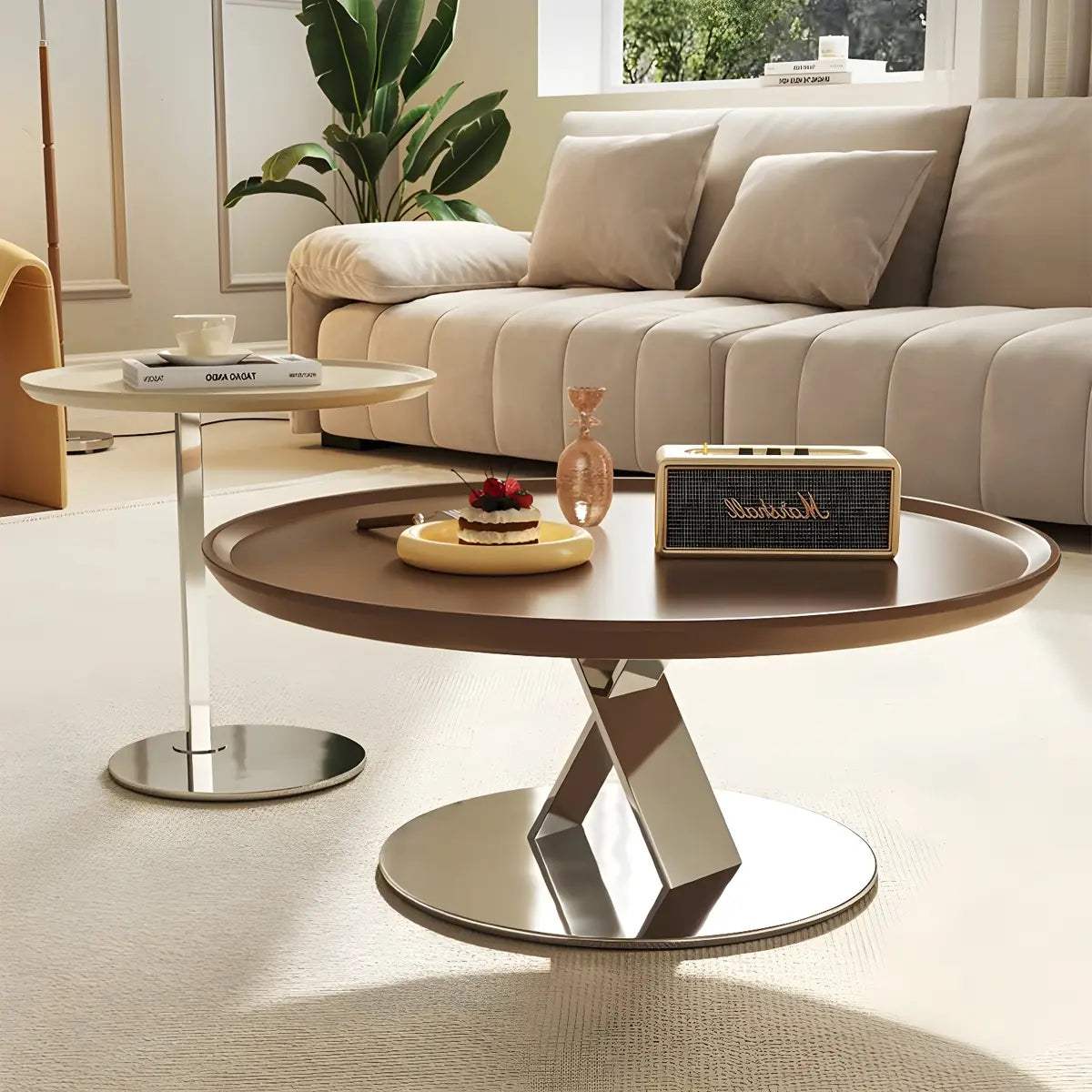 Brown Tray Top Stainless Steel Base Round Coffee Table Image - 11