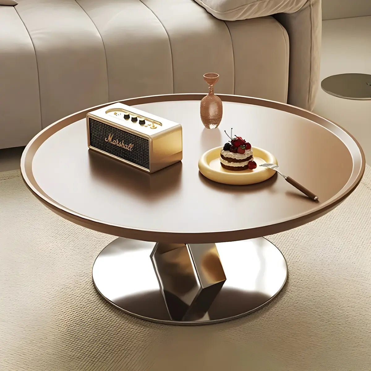 Brown Tray Top Stainless Steel Base Round Coffee Table Image - 3