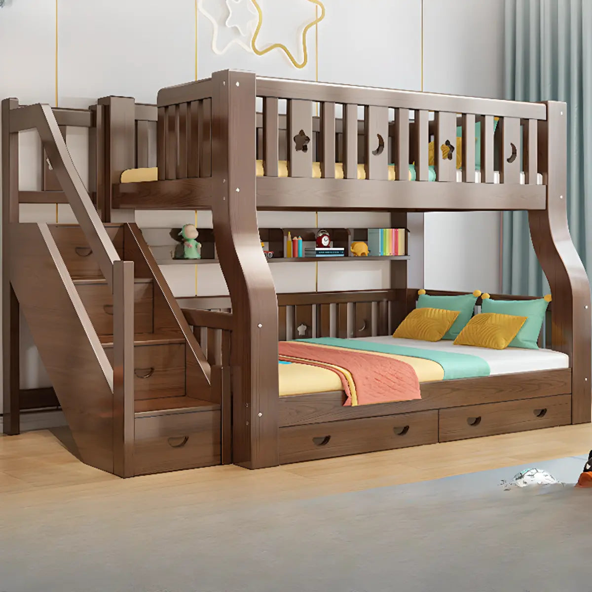 Brown Upholstered Wood Storage Bunk Bed with Bookcase Image - 1