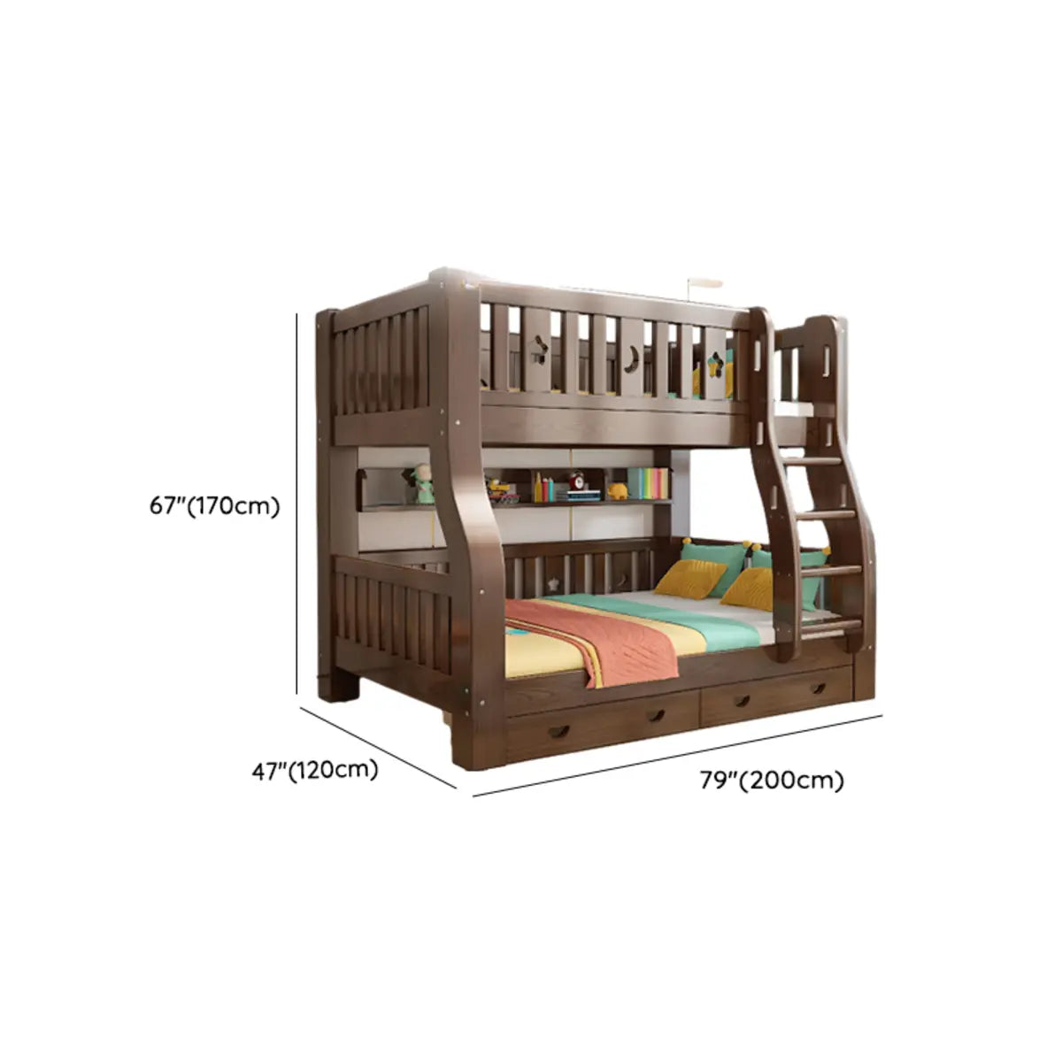 Brown Upholstered Wood Storage Bunk Bed with Bookcase 