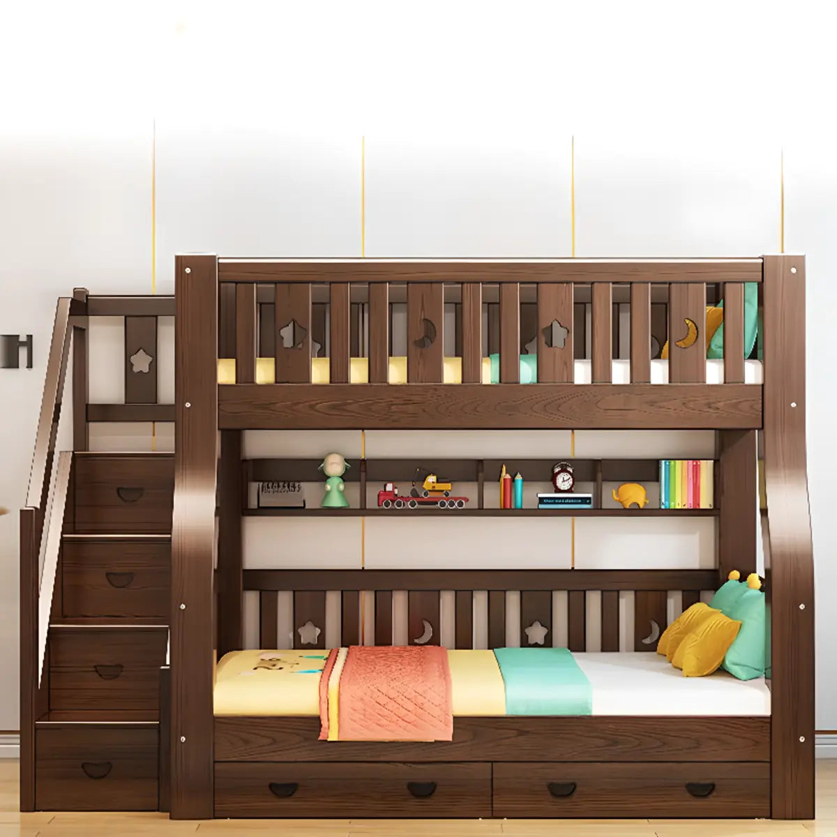 Brown Upholstered Wood Storage Bunk Bed with Bookcase Image - 3