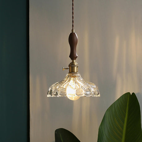 Brown Vintage Brass and Glass Petal Pendant Light Image - 1