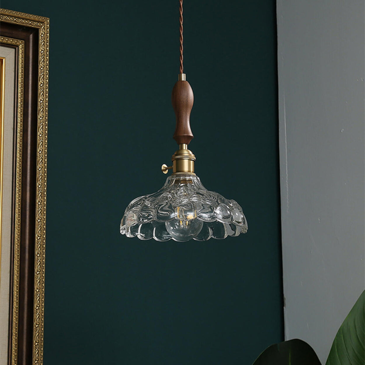 Brown Vintage Brass and Glass Petal Pendant Light Image - 2