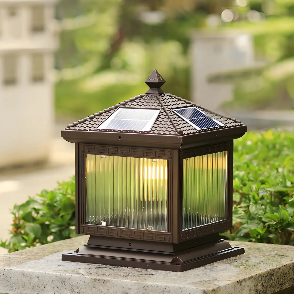 Brown Vintage Square Glass Solar Garden Post Light Image - 1