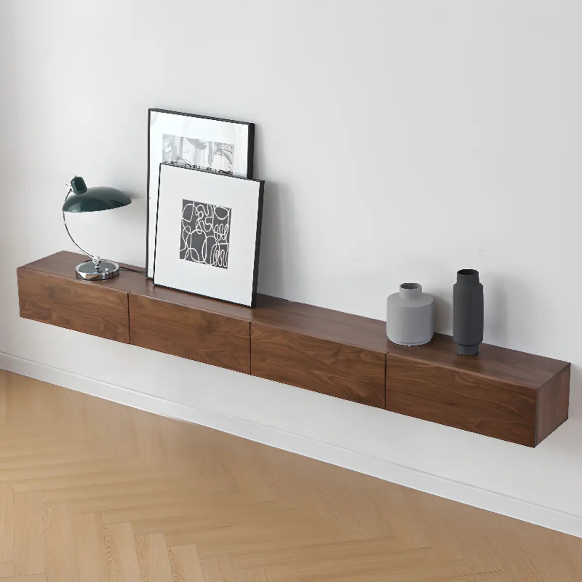 Brown Wall-Mounted Wood Long TV Stand with Drawers Image - 2