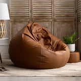 Brown Washable Round Faux Leather Solid Color Bean Bag Image - 1