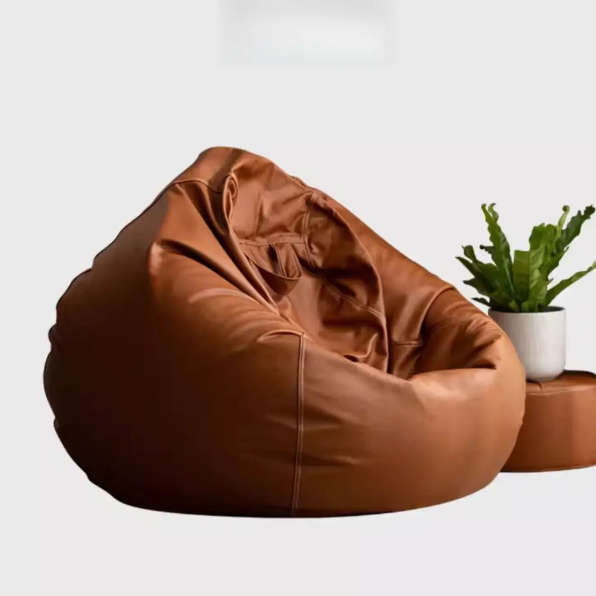 Brown Washable Round Faux Leather Solid Color Bean Bag Image - 11